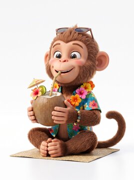 Cheerful cartoon monkey enjoying a tropical coconut drink on vacation.