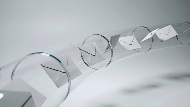 White envelopes flowing through glass pipeline &ndash; Ideal for email marketing concepts, fast message delivery, or office mail.