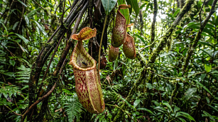 Carnivorous Pitcher Plant or Monkey cups growing in Rainforest Jungle. Carnivorous Plant Lures In and Eats Insects Hangs from Vines, Borneo, Malaysia.  © pinan