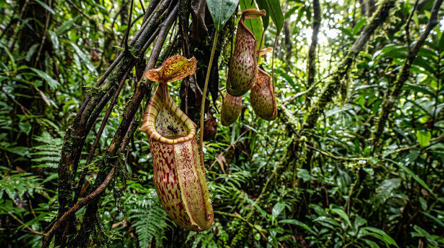 Carnivorous Pitcher Plant or Monkey cups growing in Rainforest Jungle. Carnivorous Plant Lures In and Eats Insects Hangs from Vines, Borneo, Malaysia.
