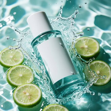 Cosmetic bottle with white label in blue water. Fresh lime slices, water splashes around glass container. Clear liquid product for skin care beauty treatment. Summer sunblock refreshing lotion