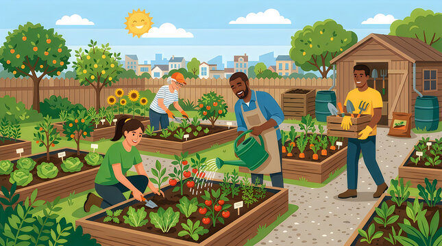 Diverse volunteers farming harvesting vegetables and watering garden beds vector illustration