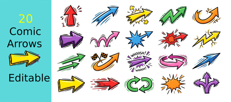 Comic Book Style Action Arrows and Pop Art Directional Pointers Vector Set for Dynamic Visuals, Comic Strips, Speech Bubbles, and Graphic Design