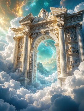 Majestic white marble gate stands among soft clouds. Ancient classical architecture opens to celestial sky with bright stars, mountains. Ethereal portal leads to divine paradise. Dreamy landscape