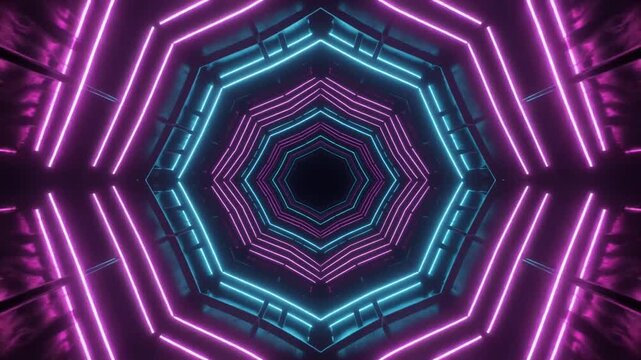 Fly through a futuristic octagonal neon tunnel with glowing blue and pink light rings. Perfect abstract motion graphics and sci-fi background video loop.