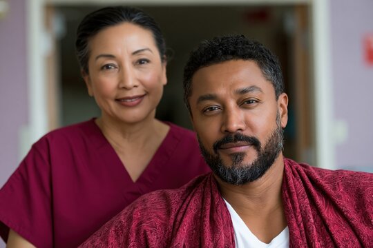 Adult male patient with nurse caregiver in care facility portrait for healthcare brochure background and patient support services