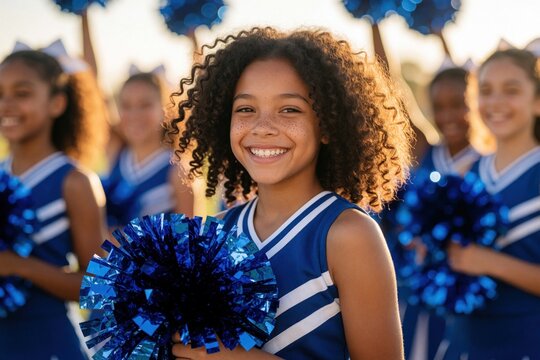 Happy young cheerleader in blue, white uniform holds shiny blue pom-pom. Sunny side view of girl with curly hair, freckles smiles. Cheerleaders in focus display team spirit outdoors. Girl with curly