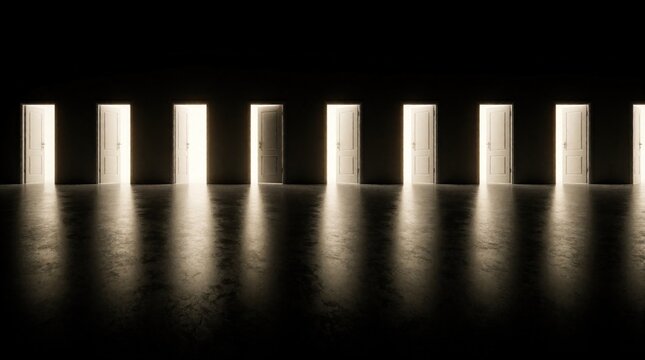 Seven bright open doors in dark room casting light beams on floor. Endless corridor hall shows multiple paths ahead, representing choices and new beginnings.