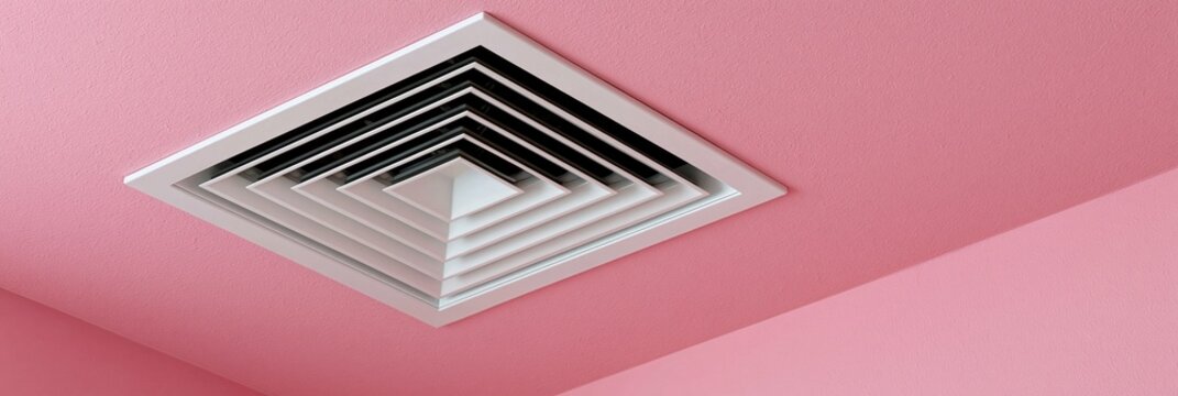 Square ceiling diffuser vent with concentric louvers in pastel pink interior for minimalist background and hvac ventilation design