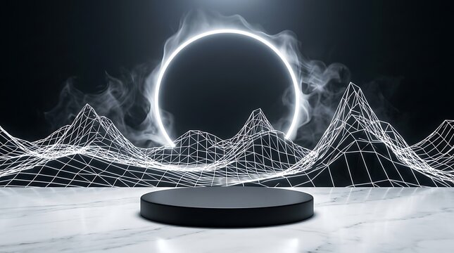 Futuristic glowing ring on black pedestal with digital network waves and cityscape backdrop