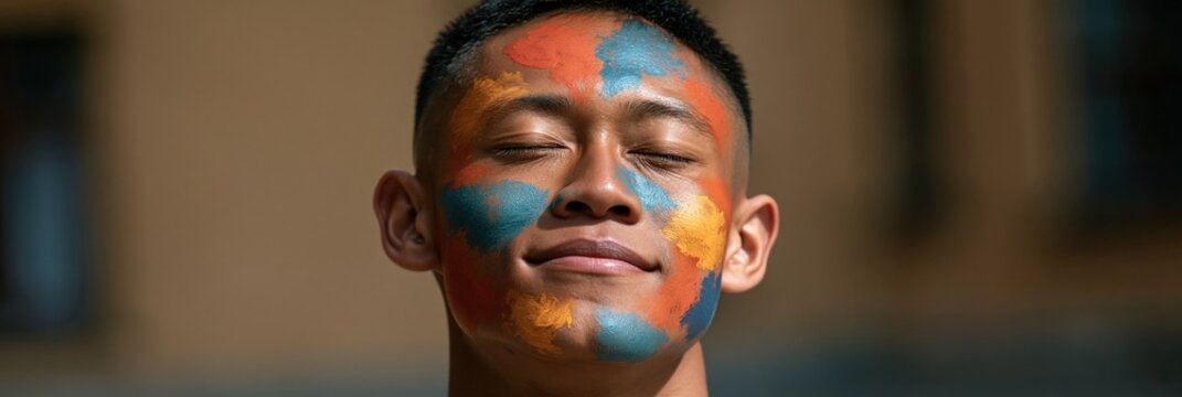 Young man with bold blue and orange blotchy face paint portrait for banner and background design showing peaceful closed eyes
