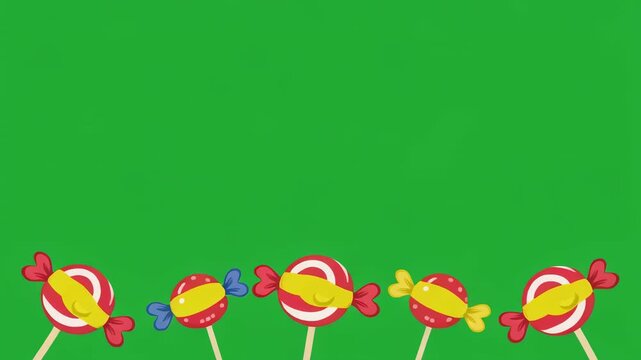 Sweet Lollipops Arranged in a Line on Green Screen with Subtle Movement