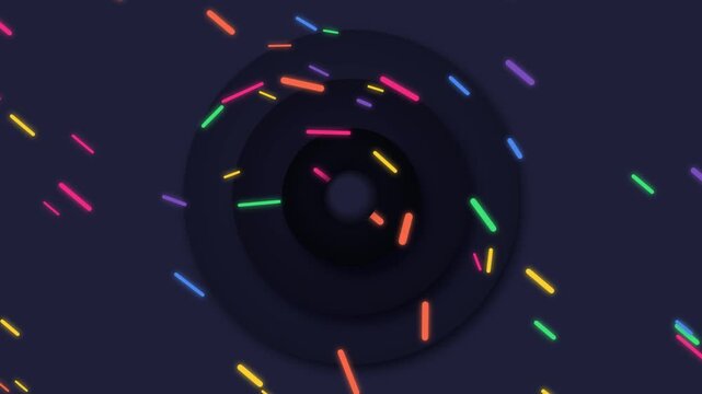 Abstract circular motion background featuring neon colorful glowing light dash patterns moving dynamically across dark space for creative digital visual art projects.