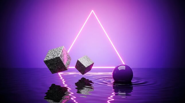 3D geometric crystals glowing with neon purple light on reflective dark surface for futuristic tech design