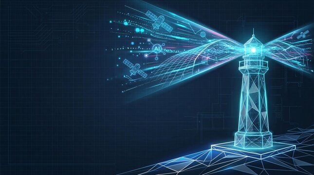 Futuristic holographic lighthouse signal transmission with lighthouse holographic transmission technology communication navigation projection wireframe
