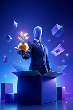 Illustration: A faceless businessman in a dark blue suit emerges from a large box, holding a golden plant pot.