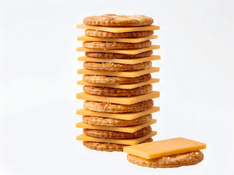 Tall stack of crackers and cheese slices isolated on white background, crackers, cheese, stack, snack, food, salty, 