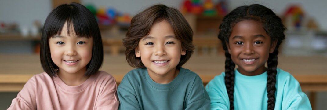 Three diverse preschool children portrait in classroom smiling together for educational banner and school website header