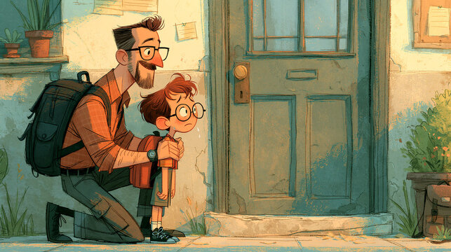 Parent kneeling by a doorway to comfort an apprehensive schoolboy carrying a large backpack.