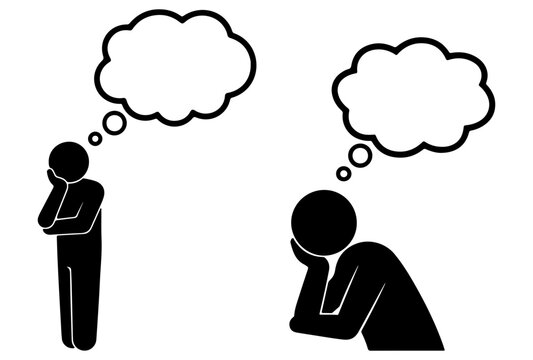 Black and white thinking man silhouette icons with blank thought bubbles for brainstorming and idea concepts thinking brainstorming silhouette
