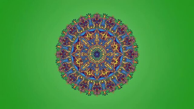 Intricate mandala pattern rotates slowly against a vibrant gradient background with subtle light shifts