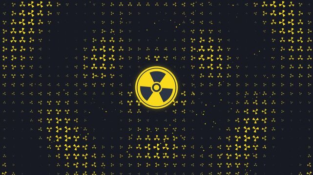 Radiation hazard symbol centered with animated yellow nuclear icons pulsing in background motion graphics loop for scientific documentary science industry media.