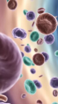 3D medical illustration of a purple white blood cell with pseudopodia tentacles moving through a bloodstream alongside red blood cells and cellular particles, vertical format.