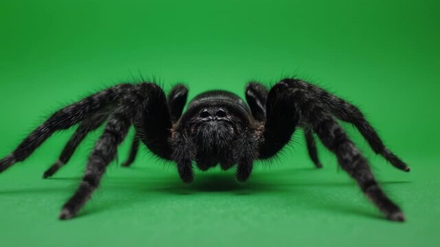 Tarantula spider walking forward on a vibrant green screen background with cinematic motion and shallow depth of field