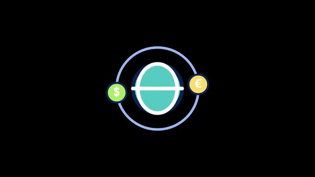 Global currency conversion concept animation showing euro and dollar symbols rotating around digital authentication iris circle on simple clean dark background footage.