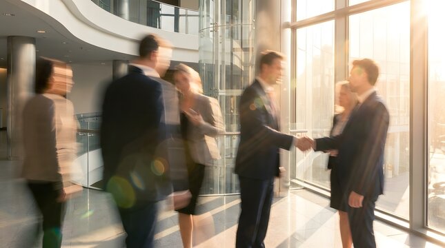 Successful business partnership handshake in sunlit modern office atrium with motion blurred staff.