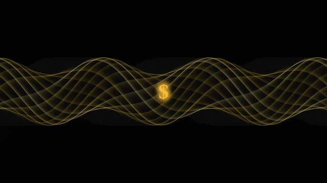 Golden dollar sign glowing symbol pulsating through rhythmic wave patterns on deep black background representing financial growth and global economic market trends.