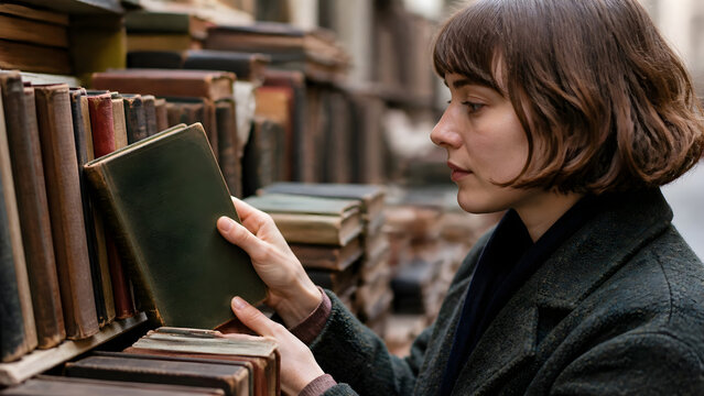 Young woman choosing a vintage book from a shelf at an outdoor bookstore.