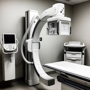 Medical imaging machine with movable arm and digital display in exam room. C-arm fluoroscopy unit and patient table ready for diagnostic procedure. Modern healthcare tech.