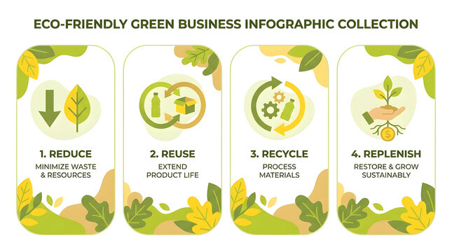 Eco-Friendly Green Business Infographic: A visual guide illustrating the principles of eco-friendly green business, featuring icons and text for Reduce, Reuse, Recycle, and Replenish.