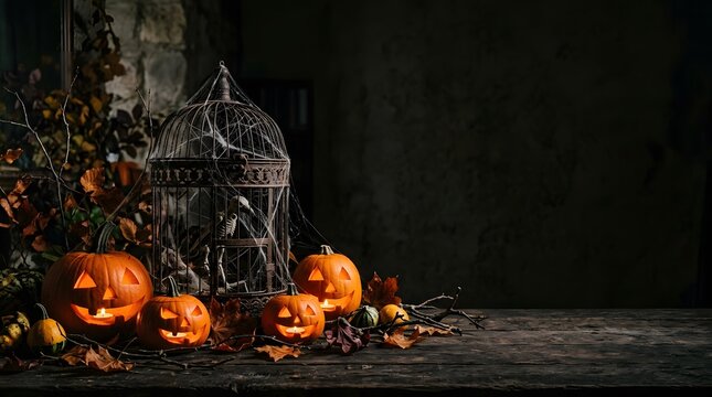 A spooky halloween scene with illuminated pumpkins and a mysterious dark castle backdrop