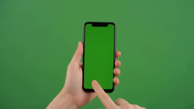 Hand swiping touch screen smartphone green background for app development and advertising