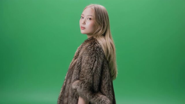 Woman in fur coat posing against green screen with cinematic camera movement for commercial use