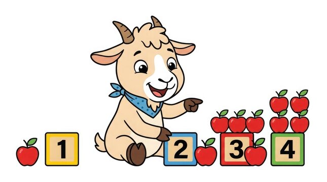 Cute cartoon goat counting apples with numbered blocks