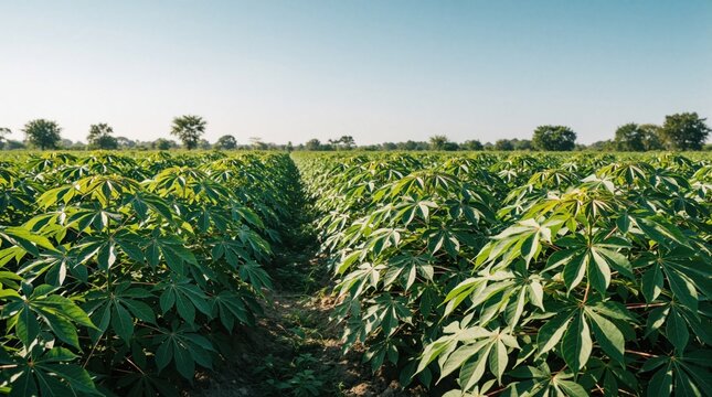 Rows of rich cassava plants spread across a vast agricultural field under a clear blue sky. The green foliage thrives in rural settings, indicating healthy crop growth and potential for harvest.