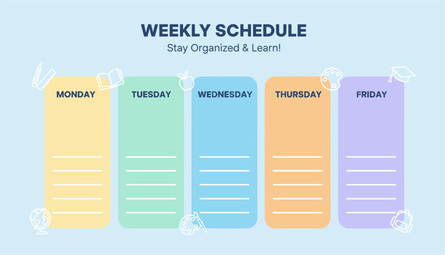 Colorful weekly schedule template displays organized columns for Monday through Friday with academic design elements.
