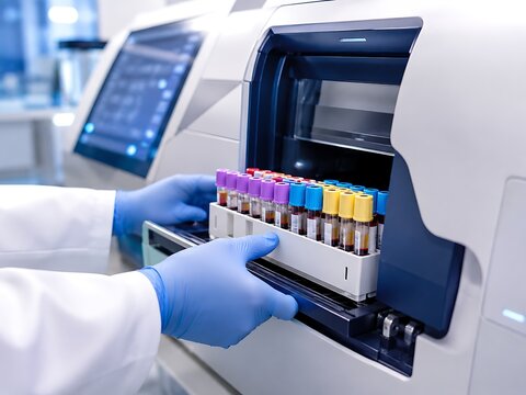 Laboratory technician loading blood sample tubes into automated clinical analyzer for testing