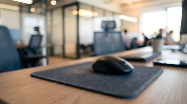 A close-up view of an optical computer mouse on a dark mouse pad on a wooden desk with a blurred office background.