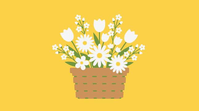 Basket arrangement of white daisies and tulips against a simple yellow background.