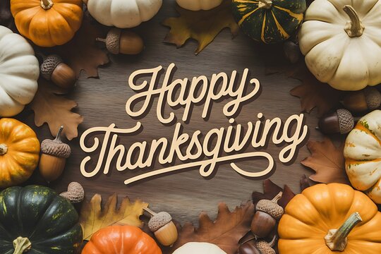 Festive flat lay of pumpkins and autumn leaves with a happy thanksgiving message