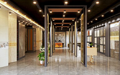 Naklejka premium Interior view of a tile showroom with various wall and floor samples