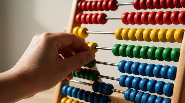 Hand moves colorful beads on wooden abacus. Child learns math counting, arithmetic calculation on traditional school tool. Early education, problem solving concept.