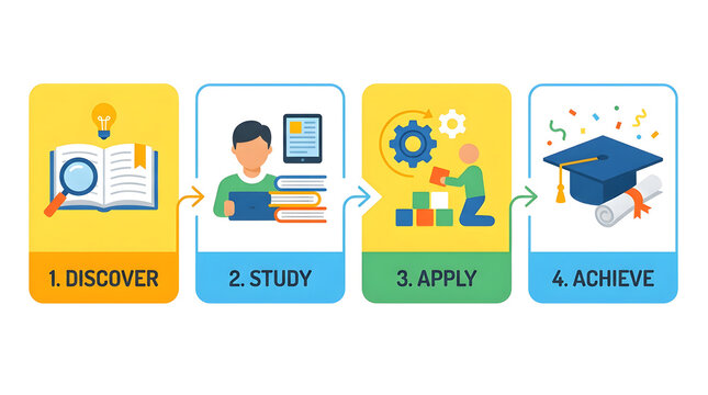 Education Process Infographic: A step-by-step infographic illustrates the journey of learning, from discovery and study to application and achievement, symbolized by books, a graduation cap.
