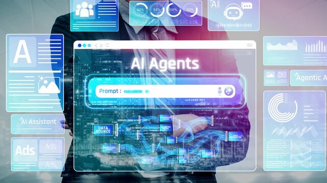 Business Professional Overseeing Artificial Intelligence Agents with Interactive Digital Display and Data Visualizations in a Modern Office Setting Sigmoid