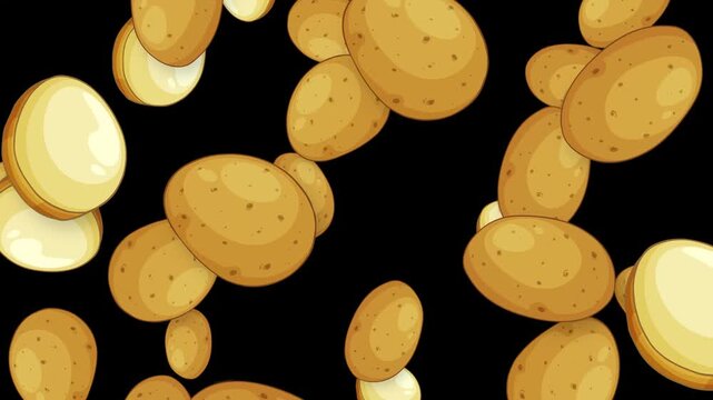 Falling Whole and Sliced Potatoes Animation on Black Background