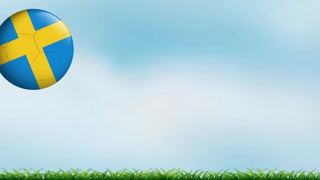 Bouncing Soccer Ball with Blue and Yellow Pattern Over Green Grass